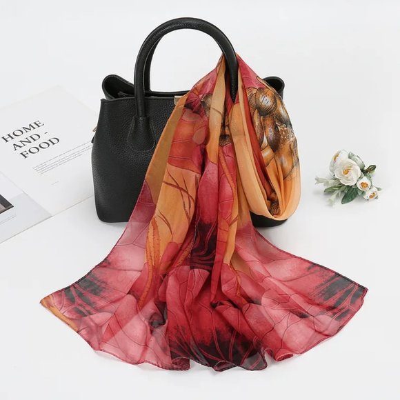 2/$30 Vibrant Floral Red and Orange Scarf Shawl Head Scarf Chiffon Women Gifts - Picture 1 of 7